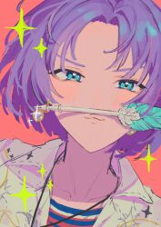 Rule 34 | 1boy, :3, blue eyes, blue shirt, blush, closed mouth, earrings, highres, jacket, jewelry, looking at viewer, mahoutsukai no yakusoku, male focus, murr hart, necklace, piza-chan, purple hair, quill, red background, red shirt, shirt, solo, sparkle, striped clothes, striped shirt, white jacket, white shirt
