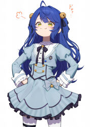Rule 34 | 1girl, :3, absurdres, ahoge, amamiya kokoro, amamiya kokoro (1st costume), bell, black ribbon, blue hair, buttons, closed mouth, cowboy shot, double-breasted, doyagao, fang, hair bell, hair ornament, hair ribbon, hands on own hips, highres, long hair, long sleeves, looking at viewer, lunch boxer, neck ribbon, nijisanji, puffy long sleeves, puffy sleeves, ribbon, simple background, skin fang, smug, solo, standing, thighhighs, two side up, virtual youtuber, white background, yellow eyes
