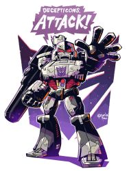 Rule 34 | 1boy, arm cannon, cannon, chibi, clenched hand, colored shadow, decepticon, english text, gun, highres, male focus, mecha, megatron, open hand, p38, rariatto (ganguri), red eyes, robot, shading, shadow, speech bubble, star (symbol), starry background, transformers, twitter username, weapon, white background