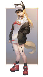 Rule 34 | 1girl, absurdres, animal hat, arm at side, baseball cap, black socks, blonde hair, blue eyes, breasts, choker, commentary, cross-laced footwear, dog tail, dress, eyelashes, full body, hair between eyes, hand in pocket, hat, highres, hood, hooded sweater, hoodie, jacket, kmnz, long hair, mc lita, medium breasts, off shoulder, open clothes, open jacket, outside border, oz (gerbera7), parted lips, shoes, sidelocks, sneakers, socks, solo, standing, sweater, sweater dress, tail, virtual youtuber