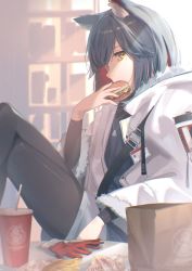 Rule 34 | 1girl, animal ears, arknights, bag, belt, black hair, black pantyhose, black thighhighs, burger, cup, drinking straw, eating, food, french fries, gloves, highres, holding, holding food, jacket, looking at viewer, oekaki taro, official alternate costume, pantyhose, paper bag, red gloves, sitting, solo, texas (arknights), texas (winter messenger) (arknights), thighhighs, white jacket, wolf ears, wolf girl, yellow eyes