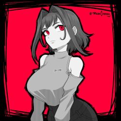 Rule 34 | 1girl, breasts, curvy, denim, greyscale, hashtag-only commentary, hololive, hololive english, jeans, large breasts, monochrome, official alternate costume, ouro kronii, ouro kronii (casual), pants, red eyes, reizicherry, self-upload, short hair, solo, sweater, turtleneck, turtleneck sweater, virtual youtuber