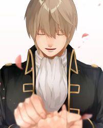 Rule 34 | ascot, black jacket, blurry, brown hair, closed eyes, couple, depth of field, facing viewer, female pov, gintama, hair between eyes, hand grab, hetero, iiko, jacket, jewelry, long sleeves, male focus, marriage proposal, motion blur, okita sougo, parted lips, petals, pov, pov hands, putting on jewelry, ring, shinsengumi (gintama), simple background, solo focus, upper body, wedding band, white background