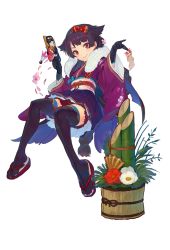 Rule 34 | ball, black hair, gloves, hair flaps, hairband, hand fan, highres, holding, kaitou miss pride, long hair, long sleeves, looking at viewer, obi, official art, paddle, peroshi (graphic loops), platform footwear, red eyes, sandals, sash, simple background, smile, solo, table tennis ball, table tennis paddle, thighhighs, toys drive, white background, wide sleeves
