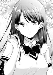 Rule 34 | 1girl, bow, breasts, collared shirt, dress shirt, floral background, greyscale, hand up, highres, ice cream kanojo, kawai miruku, kuune rin, long hair, looking at viewer, medium breasts, monochrome, parted lips, petals, shirt, short sleeves, solo, upper body