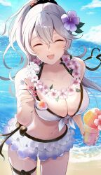 Rule 34 | 1girl, absurdres, alternate hairstyle, beach, bikini, bikini skirt, blue sky, blush, breasts, cleavage, closed eyes, cloud, collarbone, commentary request, corrin (female) (fire emblem), corrin (female) (summer) (fire emblem), corrin (fire emblem), day, fingernails, fire emblem, fire emblem fates, fire emblem heroes, flower, flower necklace, frilled skirt, frills, hair between eyes, hair ornament, highres, holding, holding spoon, jewelry, large breasts, long hair, navel, necklace, nintendo, norimaki (nrmk norinori), ocean, official alternate costume, open mouth, outdoors, pink flower, pink nails, ponytail, purple flower, sand, skirt, sky, smile, solo, spoon, stomach, swimsuit, water, white bikini, white hair, white skirt