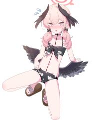 Rule 34 | 1girl, absurdres, arm behind back, arm support, bikini, bikini tug, black bikini, black bow, blue archive, blush, bow, breasts, embarrassed, feathered wings, floral print, front-tie bikini top, front-tie top, full body, hair between eyes, hair bow, halo, head wings, highres, koharu (blue archive), koharu (swimsuit) (blue archive), long hair, momip, navel, nervous, open mouth, pale skin, pink eyes, pink hair, pink halo, print bikini, pulling own clothes, sandals, small breasts, solo, spread legs, squatting, swimsuit, tiptoes, twintails, wings
