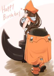 Rule 34 | 1girl, anchor, ankle boots, ass, bent over, bike shorts, black shorts, blush, boots, breasts, brown eyes, brown hair, fingerless gloves, from behind, gloves, guilty gear, happy birthday, hat, huge weapon, long hair, looking at viewer, looking back, may (guilty gear), orange hat, orange shirt, pirate, pirate hat, poncocchan, shiny skin, shirt, shorts, skin tight, skirt, skull and crossbones, sleeveless, small breasts, smile, solo, standing, weapon