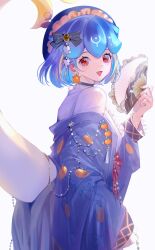 Rule 34 | 1girl, absurdres, alternate costume, bao (vtuber), beret, black choker, blonde hair, blue bow, blue hair, blue hat, blue jacket, bow, breasts, choker, earrings, hair bow, hand fan, hat, highres, holding, holding fan, indie virtual youtuber, jacket, jewelry, medium breasts, multicolored hair, off shoulder, open mouth, red eyes, shan lan, shirt, sleeves past wrists, smile, solo, streaked hair, tail, virtual youtuber, white background, white shirt