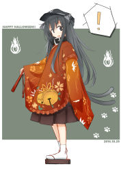 Rule 34 | !, 10s, 1girl, akatsuki (kancolle), alternate costume, animal ears, black eyes, black hair, cat ears, cat tail, folded fan, dated, hand fan, flat cap, folding fan, full body, happy halloween, hat, kantai collection, long hair, looking at viewer, multiple tails, sandals, solo, spoken exclamation mark, standing, tail, two tails, usui harusame, wide sleeves