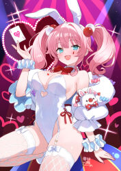 1girl ahase_hino animal_ears aqua_eyes bare_shoulders blush bow bowtie breast_tattoo breasts card detached_collar fake_animal_ears fishnet_thighhighs fishnets garter_straps heart heart_tattoo highres holding holding_card large_breasts leotard nail_polish open_mouth original pierrot pink_hair playboy_bunny rabbit_ears rabbit_tail red_bow red_bowtie red_nails smile solo strapless strapless_leotard tail tattoo teardrop_facial_mark thighhighs traditional_bowtie twintails white_leotard wrist_cuffs