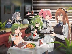 Rule 34 | + +, 6+girls, :q, antenna hair, apron, black ribbon, blue neckerchief, blush, breasts, broccoli, brown hair, brown ribbon, butter knife, cake, cleavage, closed eyes, closed mouth, contender (flowerful maid) (girls&#039; frontline), contender (girls&#039; frontline), cup, dog, drinking glass, eighth note, elbows on table, fang, flying sweatdrops, food, g28 (beer ranch) (girls&#039; frontline), g28 (girls&#039; frontline), gepard m1 (contracted today) (girls&#039; frontline), gepard m1 (girls&#039; frontline), girls&#039; frontline, green eyes, green hair, grey hair, hair between eyes, hair ribbon, highres, holding, holding clothes hanger, holding tray, iced tea, indoors, ketchup, ketchup bottle, large breasts, long hair, m950a (girls&#039; frontline), m950a (home ec training) (girls&#039; frontline), maid, maid apron, maid headdress, multicolored hair, multiple girls, musical note, neck ribbon, neckerchief, ntw-20 (girls&#039; frontline), ntw-20 (the aristocrat experience) (girls&#039; frontline), official alternate costume, official art, omelet, omurice, open mouth, own hands clasped, own hands together, paper, picture frame, pink eyes, pink hair, plant, plate, potted plant, pouch, purple hair, red eyes, ribbon, shiba inu, short hair, sitting, smile, spoon, springfield (girls&#039; frontline), standing, streaked hair, suisai (suisao), table, tablecloth, teacup, teapot, thumbs up, tongue, tongue out, tray, v-shaped eyebrows, very long hair, window, yellow eyes