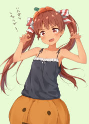 Rule 34 | 1girl, :d, bare shoulders, blush, bow, breasts, brown eyes, brown hair, claw pose, collarbone, commentary request, dark-skinned female, dark skin, fang, frills, hair bow, hair ribbon, halloween, hat, jack-o&#039;-lantern, kantai collection, libeccio (kancolle), long hair, looking at viewer, open mouth, pumpkin, pumpkin pants, ribbon, simple background, skirt, smile, solo, standing, striped ribbon, suke (momijigari), tan, translated, twintails