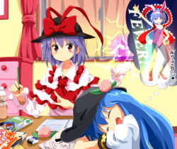 Rule 34 | 2girls, arm up, black legwear, blue hair, blush, bow, closed eyes, drawing, dreaming, electricity, female focus, food, fruit, hand on own hip, hands on own hips, hat, hat bow, hinanawi tenshi, leotard, long hair, multiple girls, nagae iku, one eye closed, open mouth, pantyhose, paper, peach, pencil, playboy bunny, pointing, pointing up, purple hair, red eyes, ribbon, ruu (tksymkw), saturday night fever, shawl, short hair, sleeping, smile, snack, table, thought bubble, touhou, wink, wrist cuffs, writing