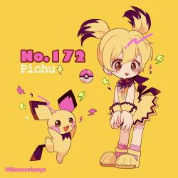 Rule 34 | 1girl, black hair, blonde hair, blush stickers, character name, creatures (company), dress, english text, full body, game freak, gen 2 pokemon, hair between eyes, lightning bolt symbol, looking at viewer, moemon, multicolored hair, narumame, nintendo, open mouth, personification, pichu, pink legwear, poke ball, poke ball (basic), pokedex number, pokemon, pokemon (creature), shoes, simple background, smile, standing, twintails, twitter username, yellow background, yellow dress, yellow footwear