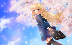 Rule 34 | bag, blonde hair, cherry blossoms, long hair, original, sakiya miu, school bag, school uniform, solo