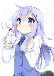 Rule 34 | 1girl, puff of air, black skirt, blue bow, blue bowtie, blue eyes, blue hair, blue vest, bow, bowtie, breasts, buttons, closed mouth, collared shirt, commentary request, cup, dated, food, fruit, gochuumon wa usagi desu ka?, hair between eyes, hair ornament, hairclip, holding, holding cup, kafuu chino, light blue hair, long hair, long sleeves, looking at viewer, rabbit house uniform, shirt, simple background, skirt, small breasts, smile, solo, strawberry, tousaki shiina, upper body, vest, whipped cream, white background, white shirt, wing collar, x hair ornament