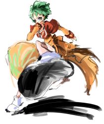 Rule 34 | 00s, 1girl, bad id, bad pixiv id, dress, farah oersted, green hair, kicking, maromi (am97), orange dress, sketch, solo, tales of (series), tales of eternia, white background, yellow eyes
