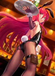 Rule 34 | alcohol, animal ears, bar (place), bare shoulders, bottle, cocktail glass, cup, drinking glass, elbow gloves, fake animal ears, fingerless gloves, fishnet pantyhose, fishnets, flat chest, from below, from side, gloves, highres, leg strap, leotard, long hair, looking back, mug, ohlia, orange eyes, pantyhose, playboy bunny, pouch, rabbit ears, rabbit tail, red hair, shakugan no shana, shana, solo, strapless, strapless leotard, tail, thigh strap, tray, wine bottle, wine glass, wrist cuffs