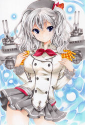 Rule 34 | 10s, 1girl, beret, blue eyes, breasts, buttons, cannon, contrapposto, cowboy shot, epaulettes, hands on own chest, hat, highres, jacket, kantai collection, kashima (kancolle), kerchief, large breasts, light smile, looking at viewer, machinery, marker (medium), miniskirt, pleated skirt, saya pr, sidelocks, silver hair, skirt, solo, standing, taut clothes, traditional media, turret, twintails, wavy hair