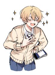 Rule 34 | 1boy, blush, cardigan, closed eyes, collared shirt, commentary request, cowboy shot, diagonal-striped clothes, diagonal-striped necktie, fingernails, gradient hair, hair between eyes, hand on own chest, hand on own hip, highres, holding, jiri (jirijiri 418), kamiyama high school uniform (project sekai), korean commentary, long sleeves, male focus, multicolored hair, necktie, open mouth, orange hair, project sekai, school uniform, shirt, short hair, simple background, solo, star (symbol), striped clothes, tenma tsukasa, white background, yellow cardigan