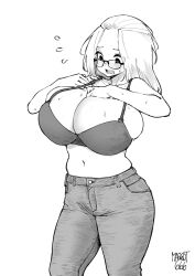 Rule 34 | 1girl, alternate breast size, bangs pinned back, blush, bra, breasts, bursting breasts, commentary, commission, curvy, denim, dressing, english commentary, glasses, greyscale, highres, huge breasts, inconvenient breasts, inne sulistya robin, jeans, long hair, monochrome, muffin top, navel, nervous sweating, no shirt, norman maggot, original, pants, solo, standing, strap gap, sweat, underwear, white background