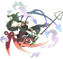 Rule 34 | 1girl, asymmetrical wings, black hair, black thighhighs, bow, female focus, houjuu nue, itoo, polearm, red eyes, short hair, snake, solo, thighhighs, touhou, trident, weapon, white background, wings