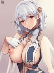 Rule 34 | 1girl, azur lane, breast curtains, breasts, china dress, chinese clothes, dress, gloves, grey dress, half gloves, highres, looking at viewer, nipples, official alternate costume, one breast out, red eyes, revealing clothes, ribbon between breasts, see-through, see-through sleeves, short hair, simple background, sirius (azur lane), sirius (azure horizons) (azur lane), solo, upper body, white gloves, white hair, yamamori kinako