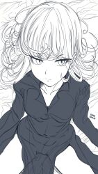 Rule 34 | 1girl, breasts, greyscale, head cha la, highres, looking away, monochrome, one-punch man, pussy, see-through, sitting, small breasts, spread legs, tatsumaki, thighs