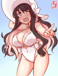 Rule 34 | 1girl, artist logo, black hair, blue background, breasts, brown eyes, casual one-piece swimsuit, colored inner hair, commentary request, cosplay, cowboy shot, dated, fang, flower, frilled swimsuit, frills, gradient background, hair flower, hair ornament, hairband, hat, highleg, highleg swimsuit, kanon (kurogane knights), kantai collection, large breasts, long hair, multicolored hair, naganami (kancolle), one-hour drawing challenge, one-piece swimsuit, one eye closed, pink hair, sagiri (kancolle), sagiri (kancolle) (cosplay), side-tie swimsuit, solo, standing, sun hat, swimsuit, two-tone hair, wavy hair, white headwear, white one-piece swimsuit