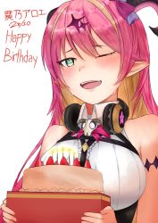 Rule 34 | 1girl, absurdres, ajiitou, arm strap, asymmetrical horns, bare shoulders, birthday, birthday cake, blonde hair, blush, bow, bowtie, breasts, cake, chest harness, commentary request, demon girl, demon horns, food, green eyes, hair ornament, happy birthday, harness, headphones, headphones around neck, highres, hololive, horn bow, horn ornament, horns, large breasts, long hair, looking at viewer, mano aloe, multicolored hair, one eye closed, open mouth, pink hair, pointy ears, shirt, sleeveless, sleeveless shirt, solo, sweat, two-tone hair, uneven horns, virtual youtuber