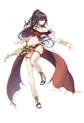 Rule 34 | 1girl, absurdres, bare shoulders, breasts, brown eyes, brown hair, dancer (final fantasy), dated, gorget, harem outfit, highres, jewelry, large breasts, legs, multiple bracelets, navel, octopath traveler, off-shoulder shirt, off shoulder, pelvic curtain, ponytail, primrose azelhart, sandals, shirt, signature, solo, thigh strap, thighs, white background, yuusha hakuyoku