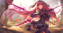 Rule 34 | armor, bodysuit, breasts, covered navel, fate/grand order, fate (series), gae bolg (fate), holding, holding weapon, kyurin (sunnydelight), large breasts, long hair, looking at viewer, pauldrons, polearm, purple bodysuit, purple hair, red eyes, scathach (fate), shoulder armor, solo, spear, veil, weapon