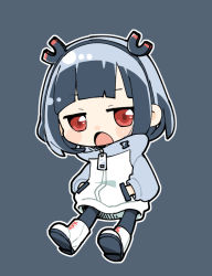 Rule 34 | 1girl, :o, black hair, black hairband, black pantyhose, blush stickers, boots, chibi, full body, grey background, grey hair, hairband, hands in pockets, jacket, jitomi monoe, long sleeves, looking at viewer, magnet, multicolored hair, najo, open mouth, outline, pantyhose, puffy long sleeves, puffy sleeves, red eyes, shoe soles, short hair, simple background, solo, two-tone hair, virtual youtuber, voms, white footwear, white jacket, white outline, zipper pull tab