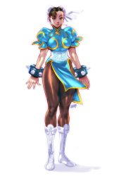 Rule 34 | 1girl, bad id, bad tumblr id, blue dress, boots, bracelet, breasts, brown pantyhose, bun cover, capcom, china dress, chinese clothes, chun-li, colorized, cross-laced footwear, double bun, dress, earrings, full body, hair bun, highres, jewelry, knee boots, lace-up boots, large breasts, long legs, pantyhose, pelvic curtain, puffy short sleeves, puffy sleeves, robaato, sash, short hair, short sleeves, side slit, signature, solo, spiked bracelet, spikes, street fighter, white footwear