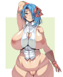 Rule 34 | 1girl, blue hair, blush, bow, breasts, hair bow, highres, huge breasts, kouno (masao), looking at viewer, nipples, original, pussy, red bow, red eyes, shiny skin, short hair, solo, upper body, white background