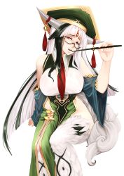 Rule 34 | 1girl, barbariank, bare shoulders, blunt bangs, breasts, come hither, detached sleeves, framed breasts, fur, glasses, green hair, hakutaku (monster girl encyclopedia), hat, head tilt, highres, horn ornament, horns, large breasts, long hair, looking at viewer, md5 mismatch, monster girl, monster girl encyclopedia, monster girl encyclopedia ii, multicolored hair, necktie, no panties, parted lips, pointer, red eyes, semi-rimless eyewear, side slit, sitting, smile, solo, streaked hair, tail, transparent background, two-tone hair, very long hair, white hair
