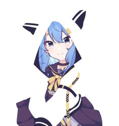 Rule 34 | 1girl, animal hood, black choker, blending, blue eyes, blue hair, bow, bowtie, cat hood, choker, closed mouth, earrings, hair between eyes, highres, hololive, hood, hood up, hooded jacket, hoshimachi suisei, hoshimachi suisei (school uniform), hyuni (hyunicat), jacket, jewelry, long sleeves, looking at viewer, official alternate costume, open clothes, open jacket, pearl earrings, pleated skirt, purple sailor collar, purple skirt, sailor collar, skirt, solo, split mouth, star (symbol), star in eye, symbol in eye, virtual youtuber, white background, yellow bow, yellow bowtie