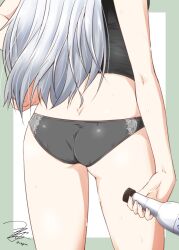 Rule 34 | 1girl, alcohol, artist name, ass, black camisole, black panties, bottle, camisole, close-up, cropped torso, facing away, grey hair, hand on own hip, head out of frame, hibiki (kancolle), highres, holding, holding bottle, kantai collection, long hair, midriff, panties, signature, solo, sweat, twitter username, underwear, underwear only, yua (checkmate)