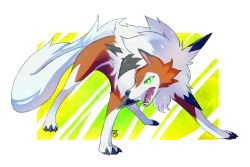 Rule 34 | claws, creatures (company), game freak, gen 7 pokemon, green background, green eyes, lycanroc, lycanroc (dusk), nintendo, pokemon, pokemon (creature), pokemon usum, solo, transparent background, white hair, wolf