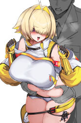 Rule 34 | 1boy, 1girl, ahoge, belly, belly grab, black gloves, blonde hair, blush, breasts, clothing cutout, crop top, cropped sweater, elegg (nikke), exposed pocket, gloves, goddess of victory: nikke, grabbing, grabbing from behind, grey shorts, hair intakes, hair over eyes, large breasts, long bangs, long sleeves, micro shorts, multicolored clothes, multicolored gloves, multicolored hair, navel, open mouth, purple eyes, sessue, short hair, shorts, shoulder cutout, skindentation, sweat, sweatdrop, thigh strap, thighs, two-tone hair, yellow gloves