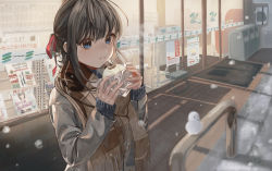 Rule 34 | 1girl, absurdres, baozi, black hair, blue eyes, brown scarf, convenience store, fingernails, food, grey jacket, hair ribbon, highres, holding, holding food, jacket, long sleeves, night, original, outdoors, parted lips, phone booth, red ribbon, ribbon, scarf, shirasuke 0822, shop, short ponytail, snow, snowing, snowman, solo, trash can