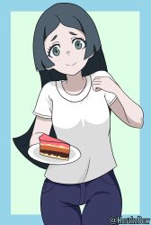 Rule 34 | 1girl, barbara parker, black hair, cake, cake slice, denim, female focus, food, grey eyes, harukadew, holding, jeans, little witch academia, long hair, looking at viewer, pants, plate, shirt, simple background, smile, tagme, white shirt
