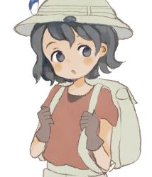 Rule 34 | 10s, 1girl, :o, backpack, bag, black eyes, black gloves, black hair, blush, blush stickers, bucket hat, commentary request, gloves, hat, hat feather, kaban (kemono friends), kemono friends, looking to the side, nose blush, onigiri (ginseitou), open mouth, red shirt, safari hat, shirt, short hair, short sleeves, shorts, simple background, sketch, solo, tareme, upper body, white background