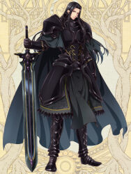 Rule 34 | 1boy, armor, black armor, black cape, black footwear, black gloves, black hair, boots, cape, dairoku ryouhei, full body, gauntlets, gloves, gradient cape, grey cape, long hair, looking at viewer, male focus, sachi tuna, shoulder armor, solo, standing, sword, vester abend, weapon, yellow background