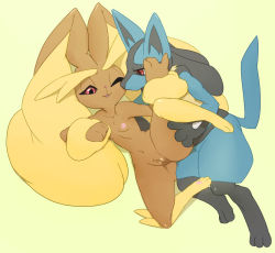 Rule 34 | 1boy, 1girl, animal ears, animal hands, breasts, collarbone, creatures (company), feet, from above, full body, furry, game freak, gen 4 pokemon, green background, half-closed eyes, hand on another&#039;s face, hand up, leg lift, looking down, lopunny, lucario, lying, mrploxykun, navel, nintendo, nipples, on side, one eye closed, open mouth, pokemon, pokemon (creature), pokemon dppt, pussy, rabbit ears, red eyes, simple background, small breasts, smile, spread legs, tail, teeth, uncensored, wink, wolf ears