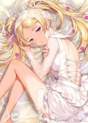 Rule 34 | 1girl, backless dress, backless outfit, bare back, blonde hair, blush, bridal veil, bride, character name, closed mouth, commentary request, dress, earrings, emily stewart, fishnets, hair ribbon, half-closed eyes, idolmaster, idolmaster million live!, jewelry, joey koguma, light smile, long hair, looking at viewer, parted bangs, purple eyes, ribbon, see-through, see-through sleeves, solo, twintails, veil, very long hair, wedding dress, white ribbon