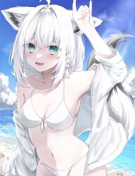 Rule 34 | 1girl, ahoge, alternate costume, animal ears, armpits, asymmetrical hair, beach, bikini, blue eyes, blue sky, blush, braid, breasts, cleavage, cloud, cloudy sky, commentary, cowboy shot, day, fangs, fox ears, fox girl, fox shadow puppet, fox tail, front-tie bikini top, front-tie top, fumin (pixiv 91905080), hair between eyes, hair intakes, halterneck, highres, hololive, jacket, lens flare, long hair, looking at viewer, medium breasts, navel, o-ring, o-ring top, ocean, off shoulder, open clothes, open jacket, open mouth, outdoors, pentagram, shirakami fubuki, side braid, signature, single braid, sky, smile, solo, standing, stomach, string bikini, sunlight, swimsuit, tail, teeth, upper teeth only, virtual youtuber, white bikini, white hair, white jacket