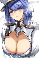 Rule 34 | 1girl, alracoco, anchor, azur lane, blue eyes, blue hair, blush, breasts, chain, chapayev (azur lane), cleavage, closed mouth, coat dress, hair over one eye, hat, head tilt, high collar, highres, jacket, large breasts, looking at viewer, military, military hat, military uniform, short hair, smile, swept bangs, uniform, white jacket