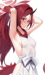 Rule 34 | 1girl, absurdres, armpits, arms behind head, arms up, bare shoulders, blue archive, blush, breasts, cropped, dragon tail, dress, eyeliner, hair ribbon, halo, highres, horns, long hair, looking at viewer, makeup, parted bangs, pleated skirt, ponytail, red eyes, red hair, red sailor collar, renge (blue archive), ribbon, sailor collar, sideless outfit, single horn, skai kun, skirt, small breasts, solo, sweat, tail, white dress